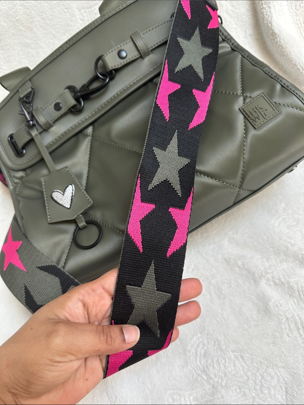Olive Green Quilted Shoulder Bag with Pink Accent Strap